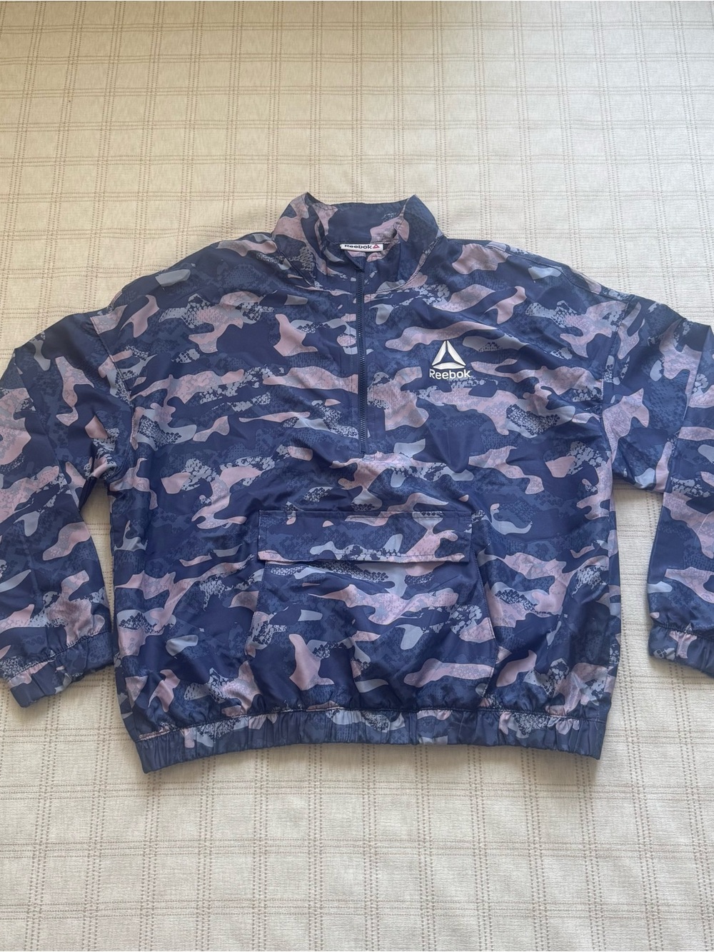 Reebok Women's Camo Quarter Zip Windbreaker Jacket Pouch Pocket Blue Purple M‎